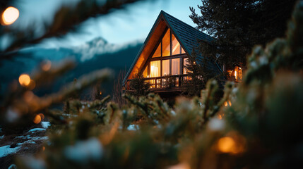 A frame cabin in winter forest with lights glowing no people visible cozy dwelling winter retreat holiday home mountain cabin snowy setting warm interior forest defocused