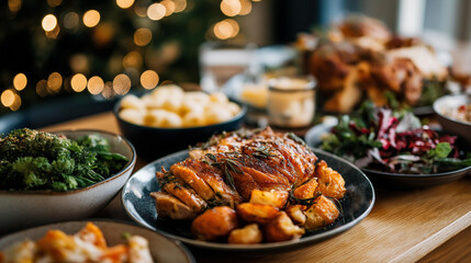 Overhead view of Christmas lunch spread no people visible holiday feast festive food arrangement traditional meal Christmas dinner family gathering seasonal dishes table