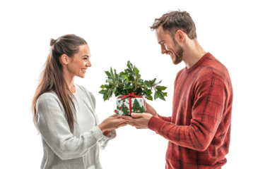 Romantic couple giving presents to each other under mistletoe during holiday season isolated on transparent background PNG