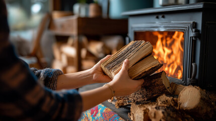Hands adding log to wood stove face obscured home heating winter warmth fire maintenance wood burning cozy heat traditional comfort colorful rug visible defocused with cop