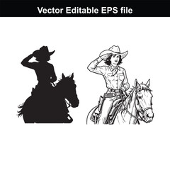 Naklejka premium Cowgirl on horseback, silhouette and detailed illustration