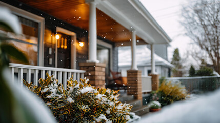 Classic home exterior in snowstorm no people visible winter weather snow covered house blizzard scene cozy shelter seasonal home protective dwelling snowy atmosphere