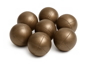 Pétanque boules for playing leisure games and sports. Gold metallic balls with etched lines on a transparent background