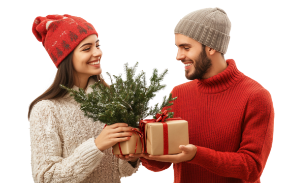 Joyful couple participating in holiday tradition of gift giving beneath mistletoe isolated on transparent background PNG