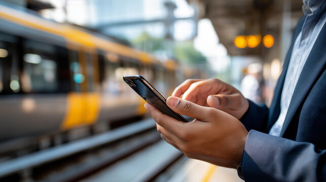 Hands holding smartphone at train station face not visible public transit mobile technology waiting commute travel technology phone use urban commute station defocused