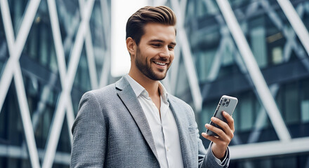 Smiling young businessman using smartphone in front of modern office building