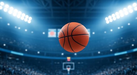 Obraz premium Basketball in midair at a stadium with bright lights and a crowd in the background at a sporting event
