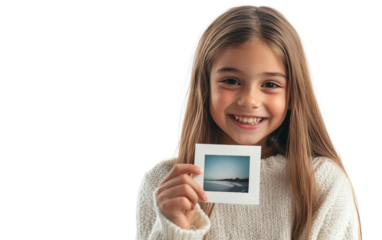 Cheerful child eagerly admiring freshly printed artwork in hands while feeling proud and fascinated by the colorful results of her project isolated on transparent background PNG