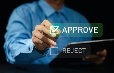 businessman with Approve or Reject Digital Interface in Workspace, Business Decision-Making Processes, Validation Tools, Efficient Process Control and Collaborative Workflow Management.