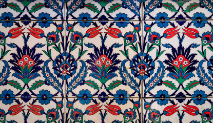 Ornate blue Turkish Iznik tiles with floral Islamic patterns in Istanbul, Turkey