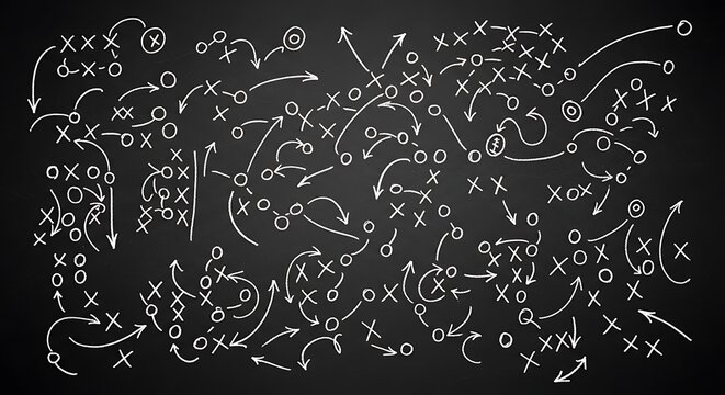 Hand drawn american football game strategy on a chalkboard background