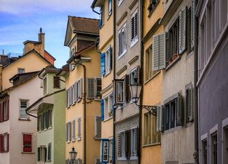 Historic old town street with traditional architecture in Zurich, Switzerland