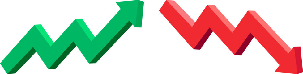 Two 3D wavy arrows, one green pointing up and the other red pointing down, representing stock market trends, data fluctuations, and business performance © Grecia