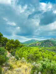 Obraz premium Vibrant green hills under a dramatic sky in a serene landscape, showcasing nature's beauty in a peaceful afternoon