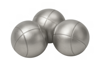 Three shiny metal boules waiting for a game of pétanque. Leisure sport activity for outdoors. Transparent background