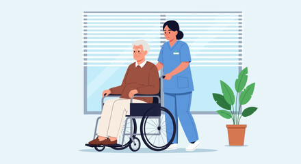 Female nurse caregiver assisting an elderly man in a wheelchair.