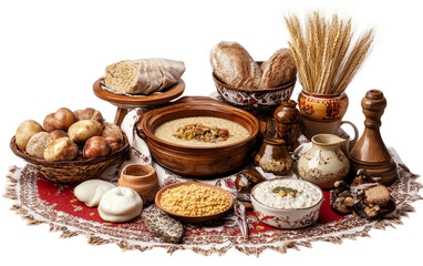 Ukrainian table set for Sviat Vechir with kutya wheat dish and traditional Christmas Eve decorations isolated on transparent background PNG