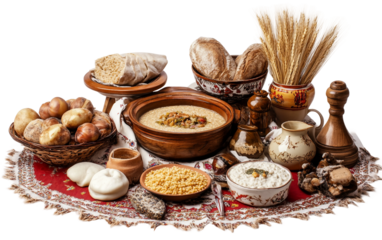 Ukrainian table set for Sviat Vechir with kutya wheat dish and traditional Christmas Eve decorations isolated on transparent background PNG