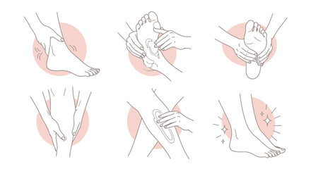 Set of six line art illustrations depicting various foot and leg massage techniques for pain relief.
