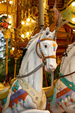 Close-Up of White Carousel Horse at Amusement Park