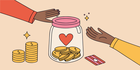 saving money together illustration financial planning couple finances collaborative budgeting charity donation jar shared savings goals teamwork
