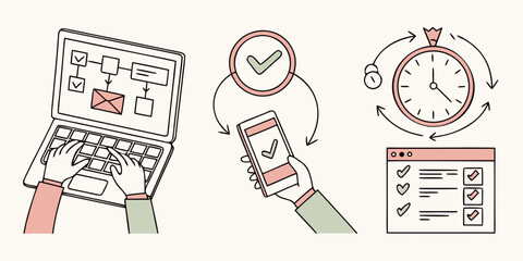 time management and appointment scheduling illustration with laptop calendar smartphone notification and clock in hand-drawn sketch style with red accents
