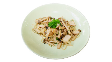 A plate of delicious spaghetti with mushrooms and parsley