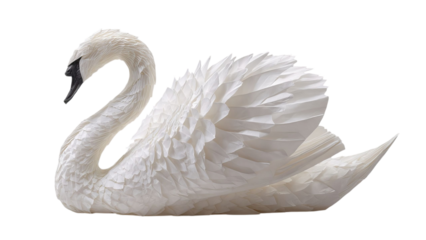 PNG of Elegant paper swan sculpture showcasing intricate feather details in white tones, perfect for art or design themed projects.