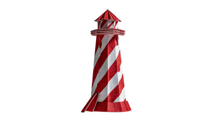 PNG of A whimsical red and white striped lighthouse design made from paper, exuding a playful and colorful charm.