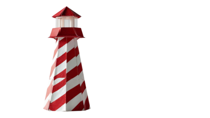 PNG of A vibrant red and white striped lighthouse stands tall against a plain background, symbolizing guidance and safety.