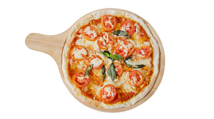Delicious Margherita pizza with fresh ingredients on a wooden tray
