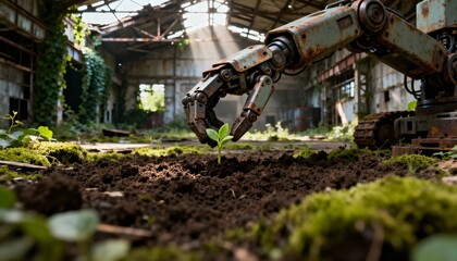A robotic arm carefully plants a seedling in the overgrown remains of a dilapidated industrial building.