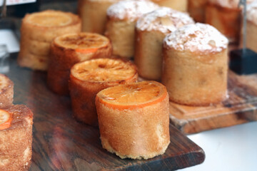 Local cakes and pastries in a central London bakery display