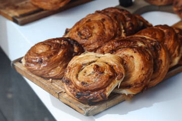 Local cakes and pastries in a central London bakery display
