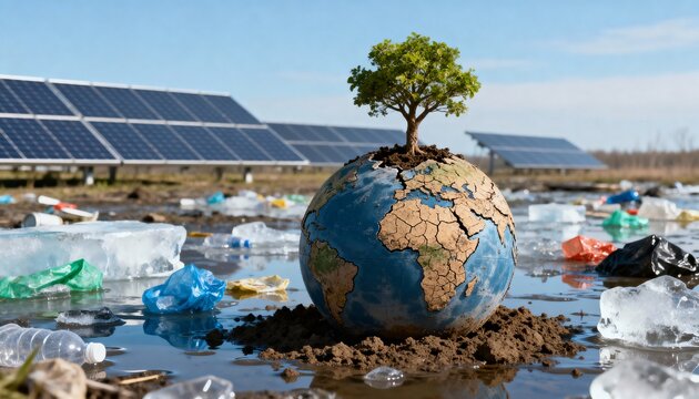 A small tree grows from a globe surrounded by trash and water, with solar panels in the background, symbolizing environmental issues.