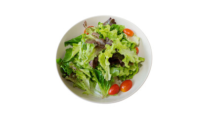 A healthy and delicious fresh salad on a plate with mixed greens and cherry tomatoes. A vibrant display of fresh ingredients, inviting and appealing.