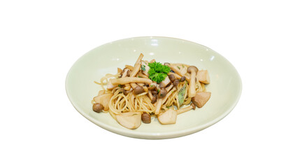 A delicious plate of spaghetti with assorted mushrooms. The dish is appetizing and ready to eat, perfect for any foodie