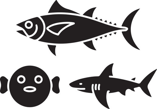 Black silhouette icons of tuna shark and pufferfish