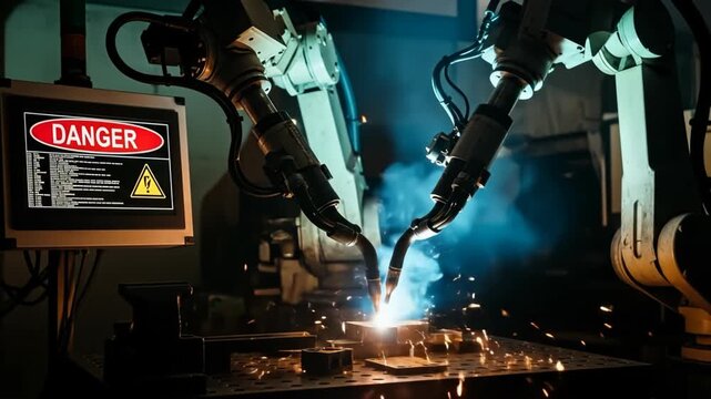 Advanced Robotic Welding Station Generating Sparks in an Industrial
