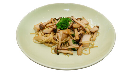 Delicious pasta with sauteed mushroom and fresh herbs, a delightful culinary experience served on a elegant plate