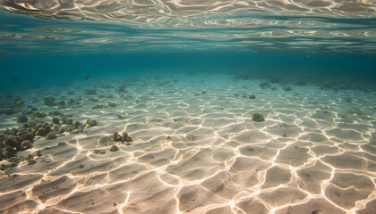 Naklejka premium Underwater Tranquility: Sandy Seabed with Turquoise Water & Sunbeams - Oceanic Background for Coastal Lifestyle & Wellness Concepts