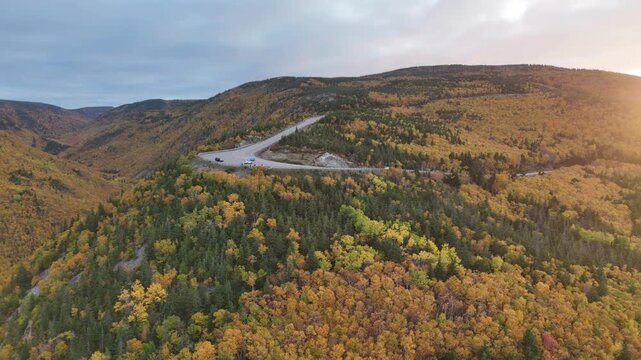 Spectacular Views of world famous Cabot Trail with beautiful scenic spots at the time of sunset, Cape Breton with Fall Foliage. MacKenzie Mountain, Cape Breton, Nova Scotia.