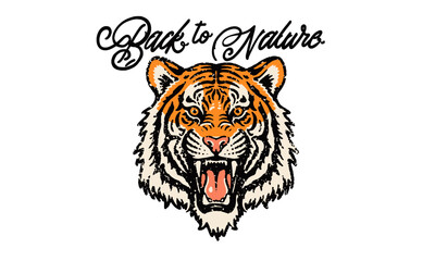 vintage illustration of a roaring tiger head. Retro Back to Nature artwork for a t-shirt or poster