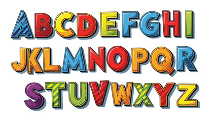 Alphabet letters in vibrant, playful colors and textures, perfect for educational materials, kids' designs, and creative projects