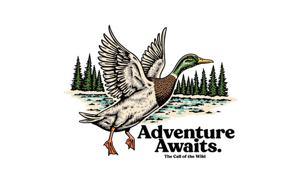 retro artwork of a flying mallard duck over a river. Vintage Adventure Awaits illustration for a t-shirt