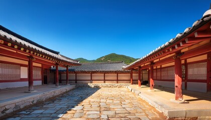 traditional korean house courtyard features stone pathways and tiled roofs red columns support covered walkways around a central stone patio mountains rise in the background under a clear blue sky