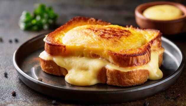 rich croque monsieur sandwich toasted bread melted cheese bechamel sauce savoury french classic dish gourmet cookery delicious baked meal appetizing snack creamy texture golden crust