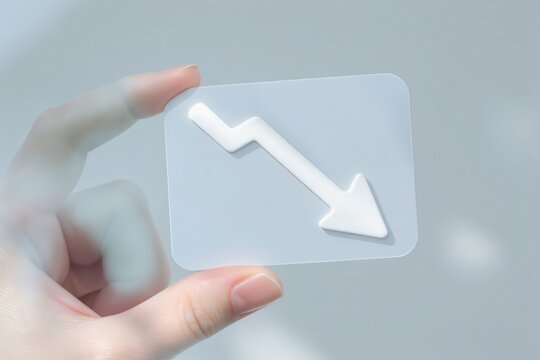 A hand delicately holds a card displaying a stark white arrow pointing downwards, indicating loss.