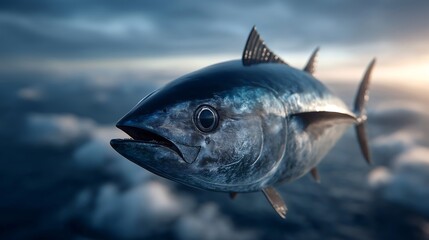 Vivid Bluefin Tuna Swimming Through Ethereal Cloudscape in Majestic Ocean Scene.