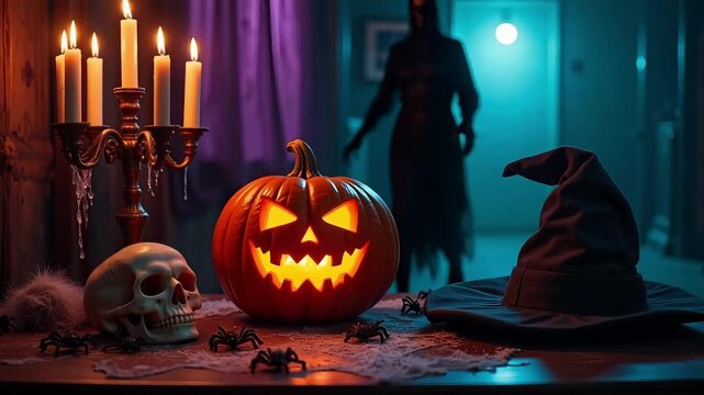 Spooky Halloween night scene with pumpkin, skull, witch hat, and a ghost figure walking in the background for scary movies and fun promotions